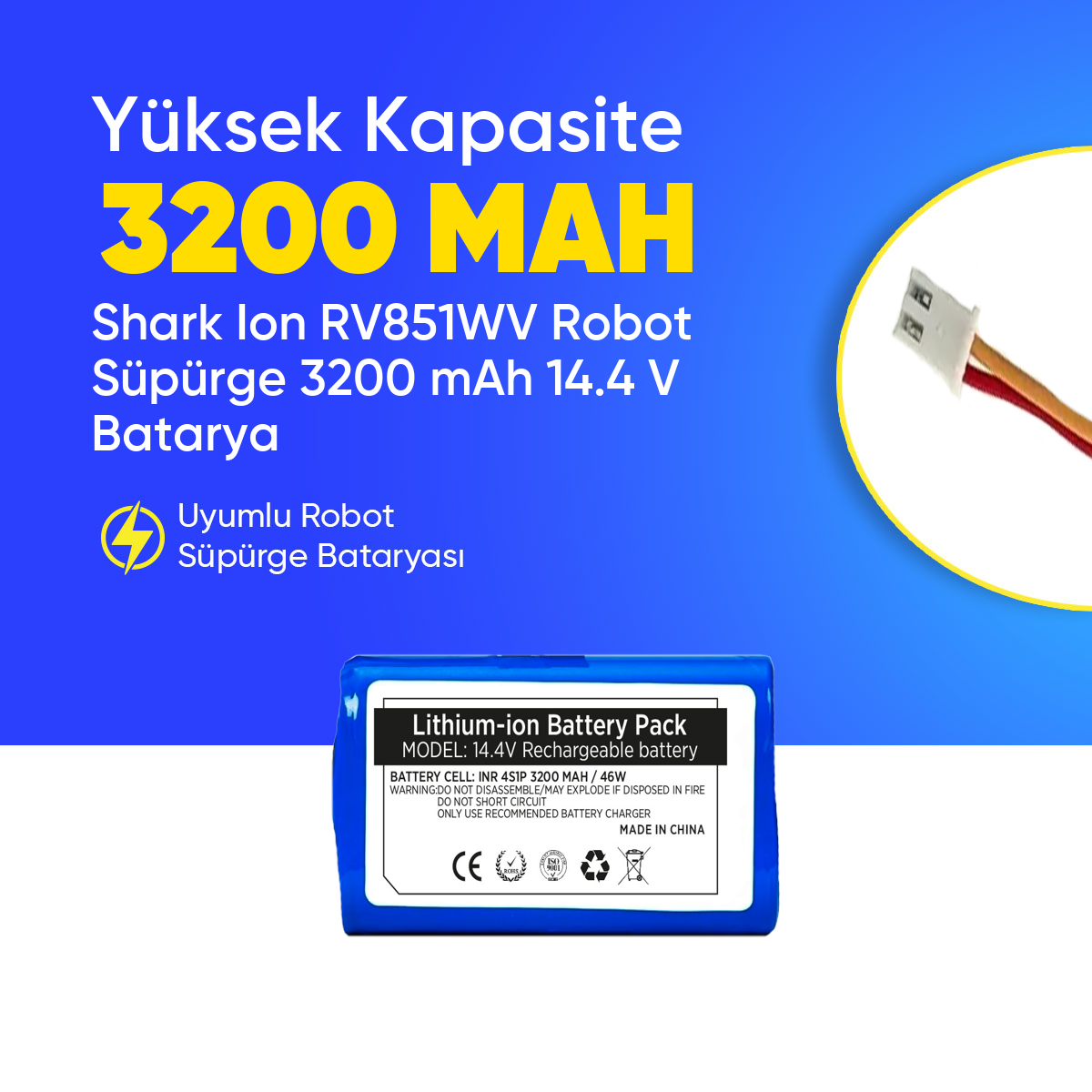Shark Ion RV851WV Robot Süpürge 3200 mAh 14.4 V  Batarya – Orjinal Uyumlu Uzun Ömürlü, Yüksek Performans Pil