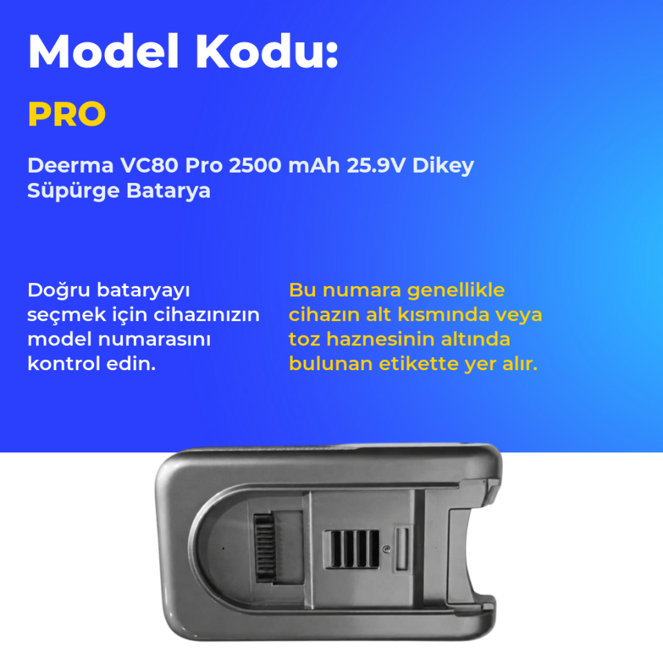 Deerma VC80 Pro 2500 mAh 25.9V Dikey Süpürge Batarya