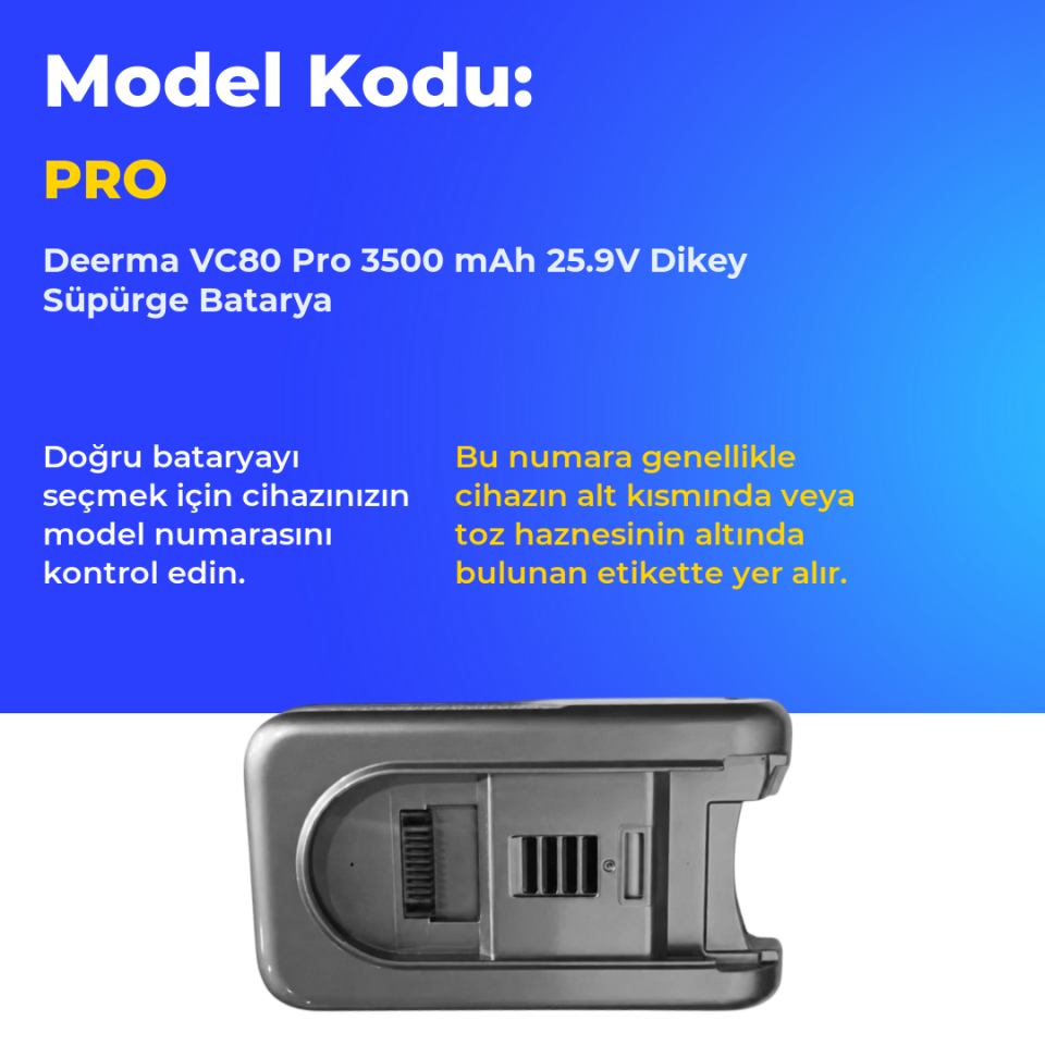 Deerma VC80 Pro 3500 mAh 25.9V Dikey Süpürge Batarya