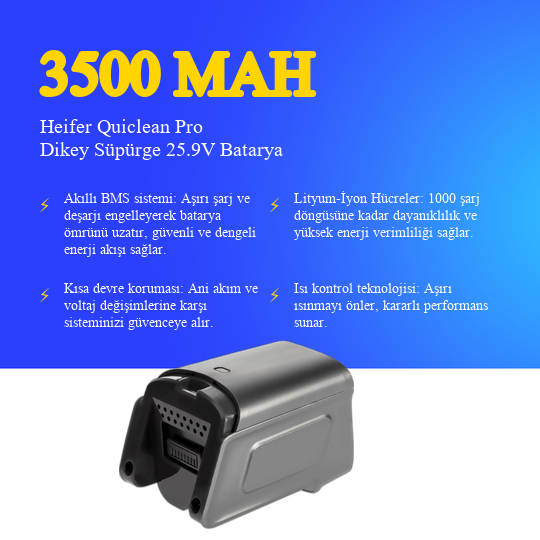 Heifer Quiclean Pro Dikey Süpürge 3500 mAh Batarya