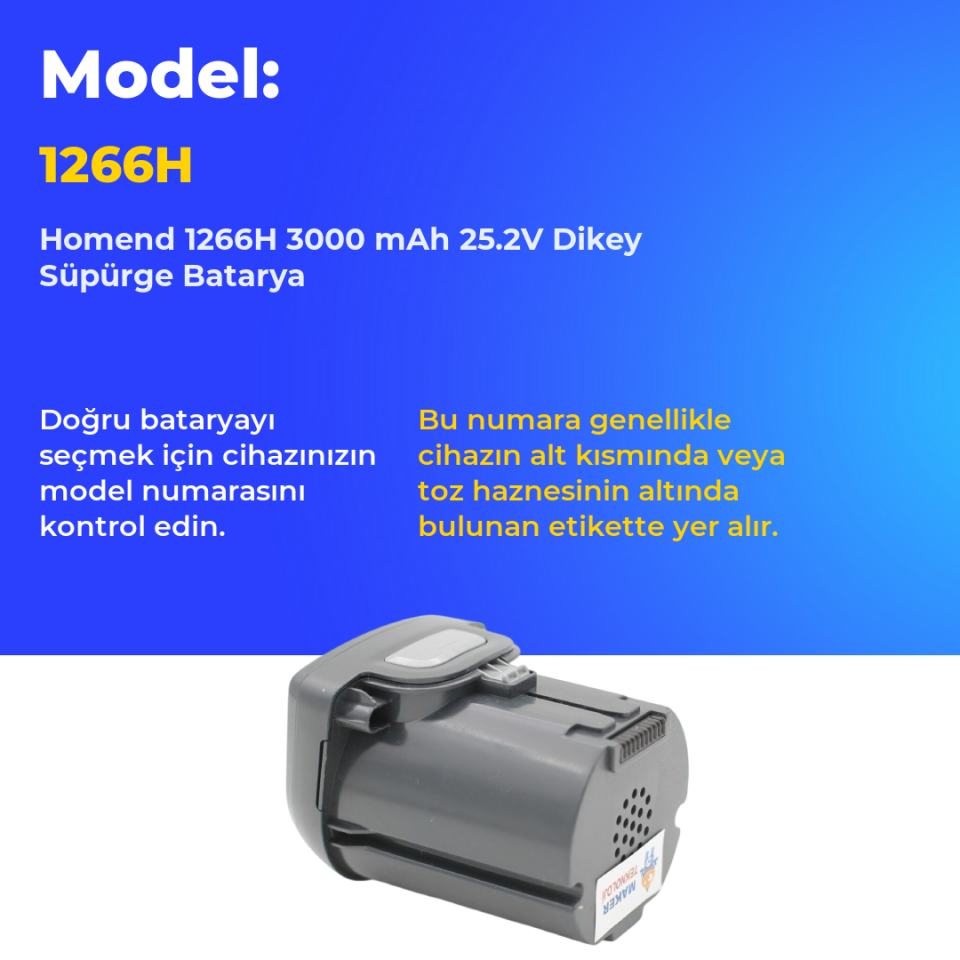 Homend 1266H 3000 mAh 25.2V Dikey Süpürge Batarya