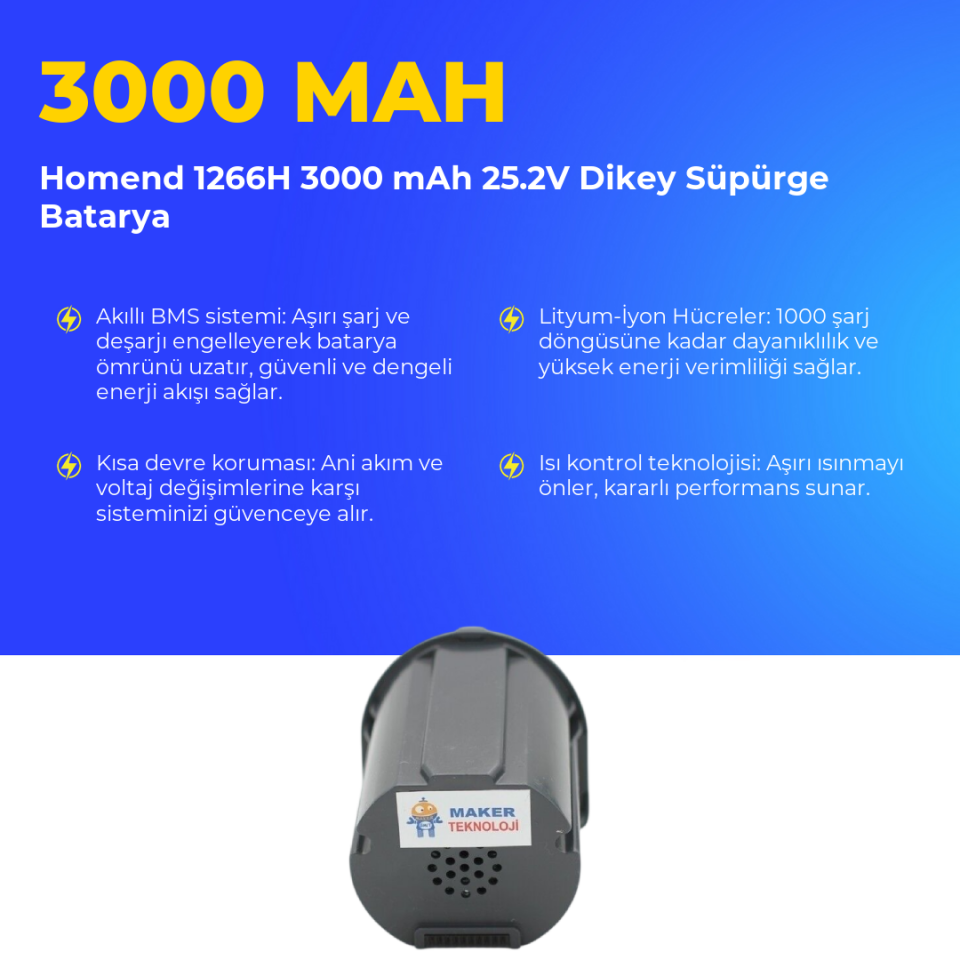 Homend 1266H 3000 mAh 25.2V Dikey Süpürge Batarya