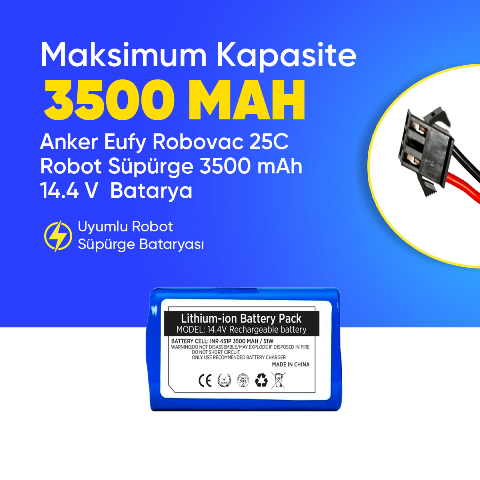 Anker Eufy Robovac 25C Robot Süpürge 3500 mAh 14.4 V  Batarya – Orjinal Uyumlu Uzun Ömürlü, Yüksek Performans Pil