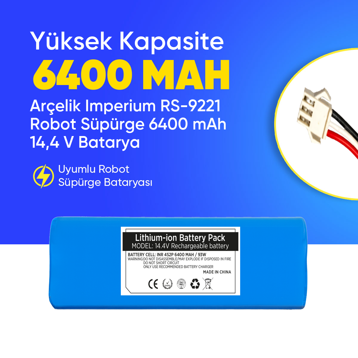 Arçelik Imperium RS-9221 Robot Süpürge 6400 mAh  14,4 V Batarya – Orjinal Uyumlu Uzun Ömürlü, Yüksek Performans Pil