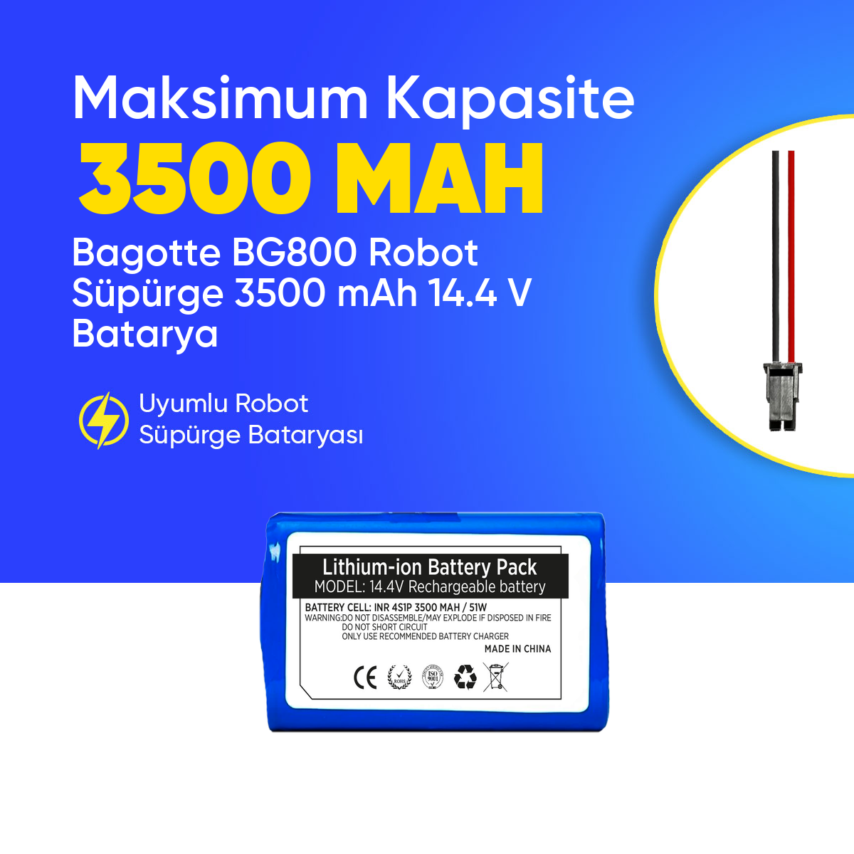 Bagotte BG800 Robot Süpürge 3500 mAh 14.4 V  Batarya – Orjinal Uyumlu Uzun Ömürlü, Yüksek Performans Pil