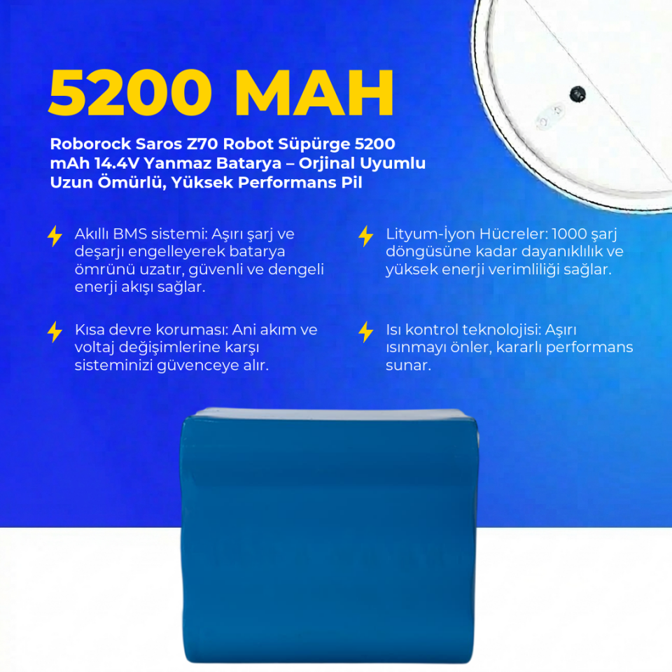 Roborock Saros Z70 Robot Süpürge 5200 Mah 14.4 V Yanmaz Batarya – Orjinal Uyumlu Uzun Ömürlü, Yüksek Performans Pil