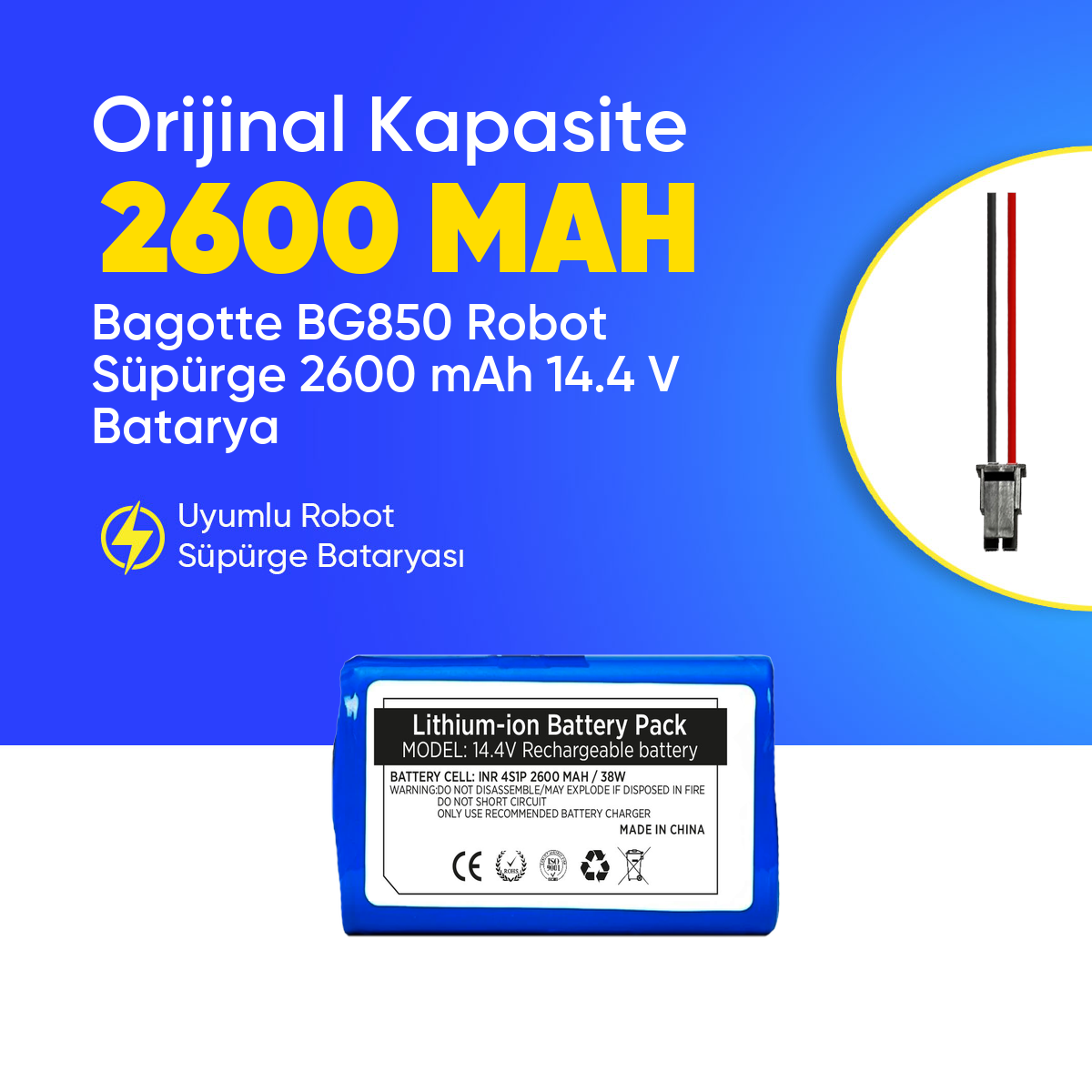 Bagotte BG850 Robot Süpürge 2600 mAh 14.4 V  Batarya – Orjinal Uyumlu Uzun Ömürlü, Yüksek Performans Pil