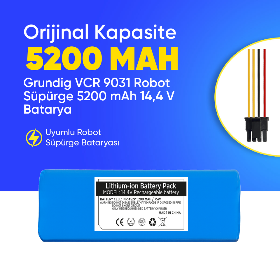 Grundig VCR 9031 Robot Süpürge 5200 mAh 14,4 V  Batarya – Orjinal Uyumlu Uzun Ömürlü, Yüksek Performans Pil