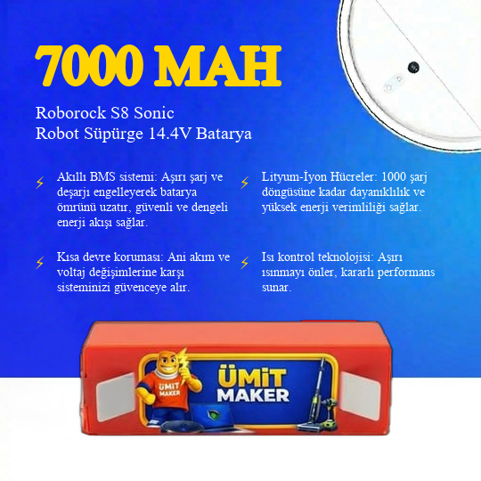 Roborock S8 Sonic Robot Süpürge 7000 mAh 14.4V Batarya