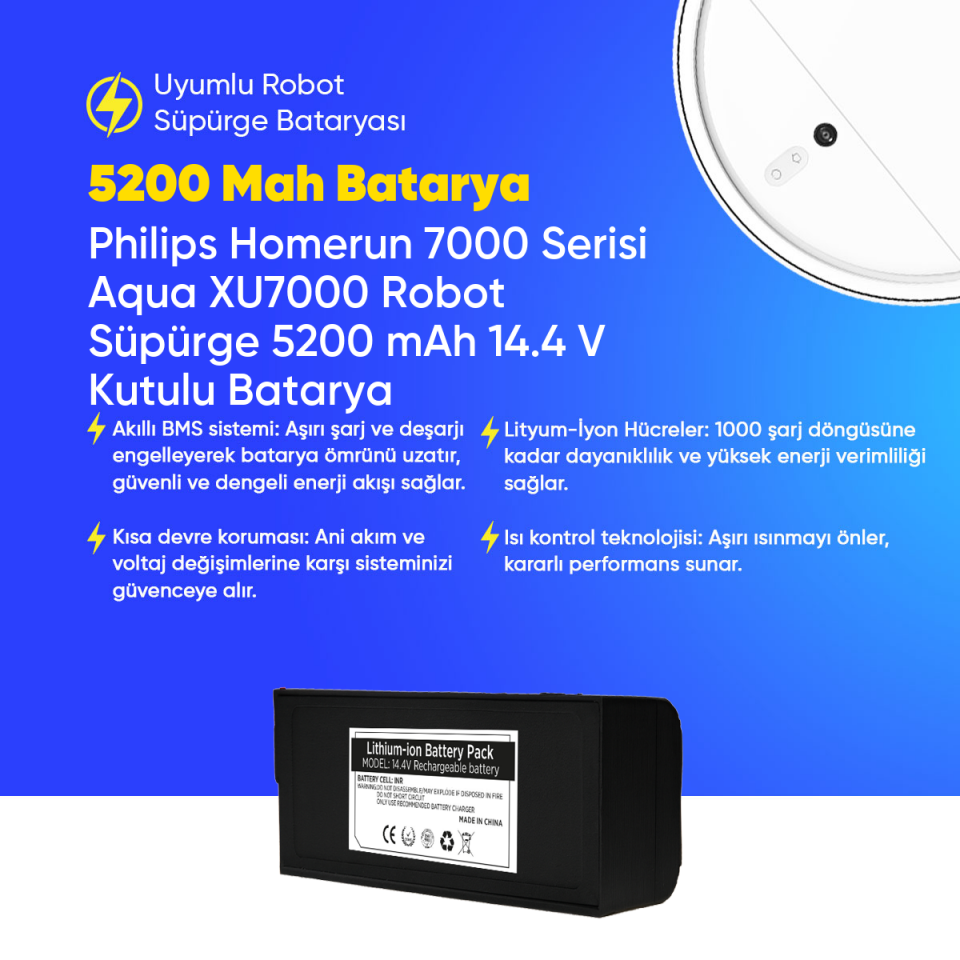 Philips Homerun 7000 Serisi Aqua XU7000 Robot Süpürge 5200 mAh 14.4 V Kutulu Batarya – Orjinal Uyumlu Uzun Ömürlü, Yüksek Performans Pil