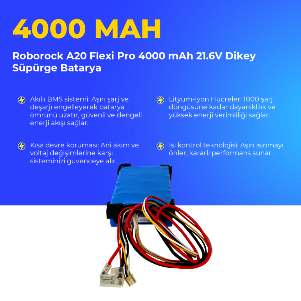 Roborock A20 Flexi Pro 4000 mAh 21.6V Dikey Süpürge Batarya