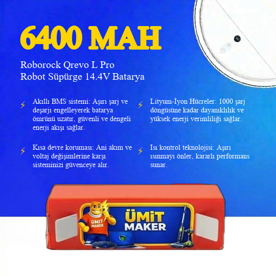Roborock Qrevo L Pro Robot Süpürge 6400 mAh 14.4V Batarya