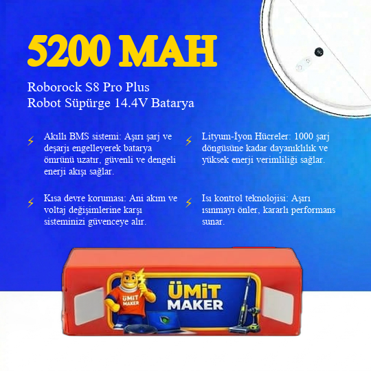 Roborock S8 Pro Plus Robot Süpürge 5200 mAh 14.4V Batarya