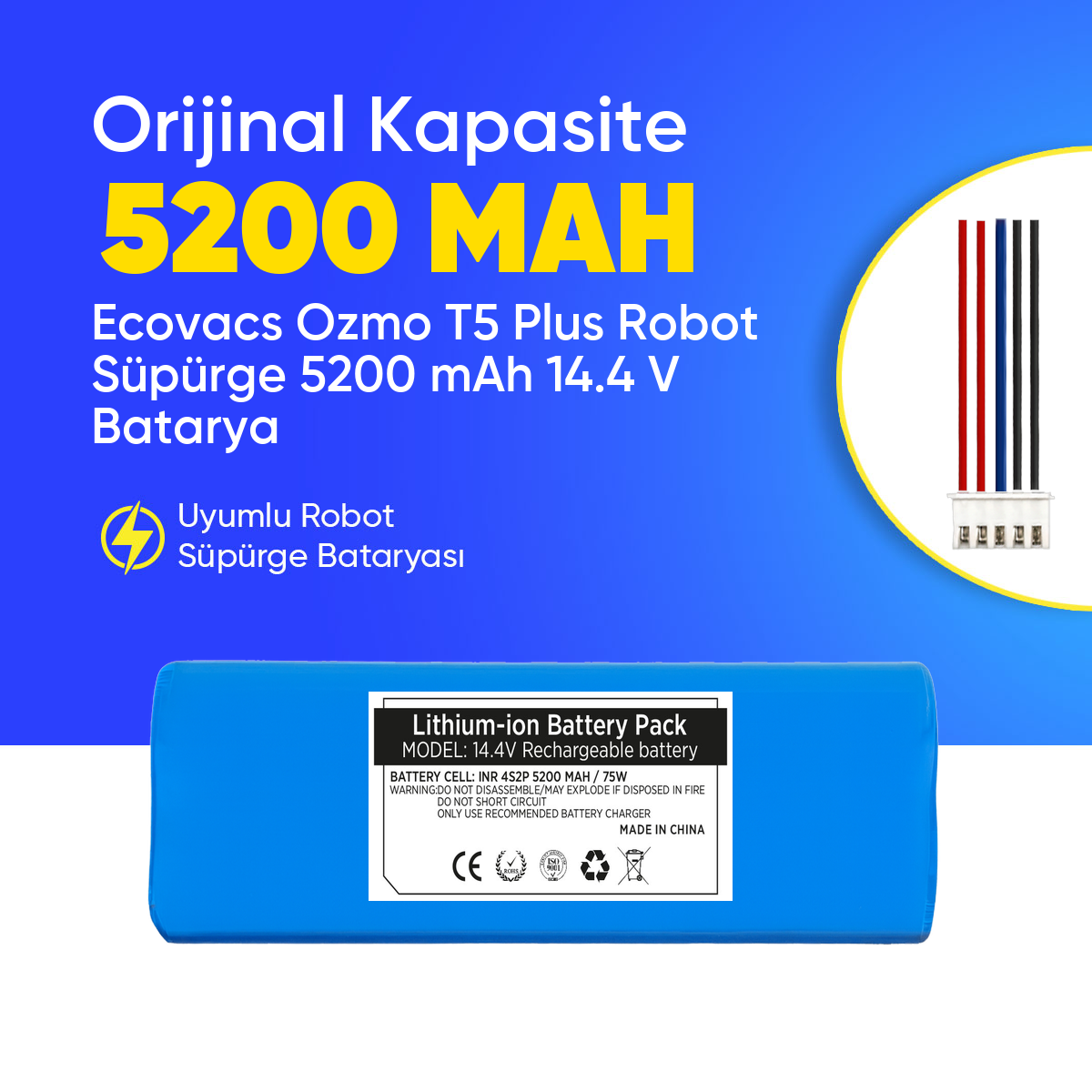 Ecovacs Ozmo T5 Plus Robot Süpürge 5200 mAh 14.4 V  Batarya – Orjinal Uyumlu Uzun Ömürlü, Yüksek Performans Pil
