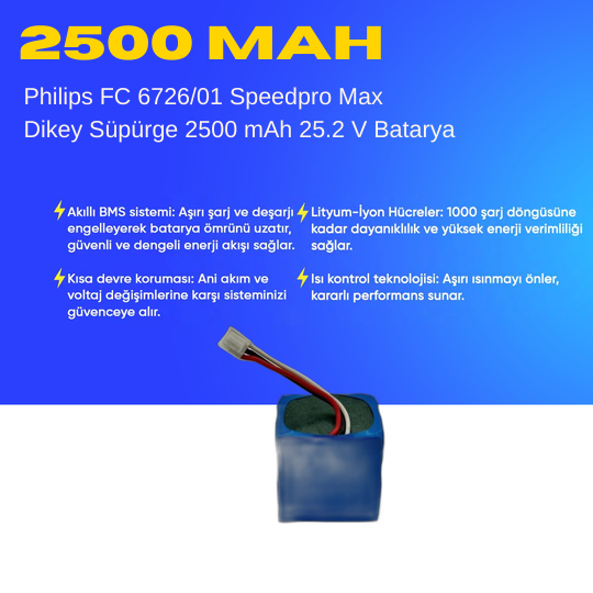 Philips FC6726/01 Speedpro Max Dikey Süpürge 2500 mAh 25.2 V  Batarya – Orjinal Uyumlu Uzun Ömürlü, Yüksek Performans Pil