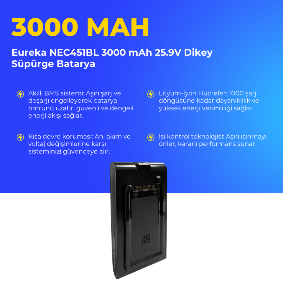 Eureka NEC451BL 3000 mAh 25.9V Dikey Süpürge Batarya