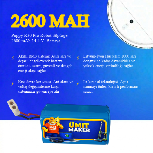 Puppy R30 Pro Robot Süpürge 2600 mAh 14.4 V  Batarya – Orjinal Uyumlu Uzun Ömürlü, Yüksek Performans Pil