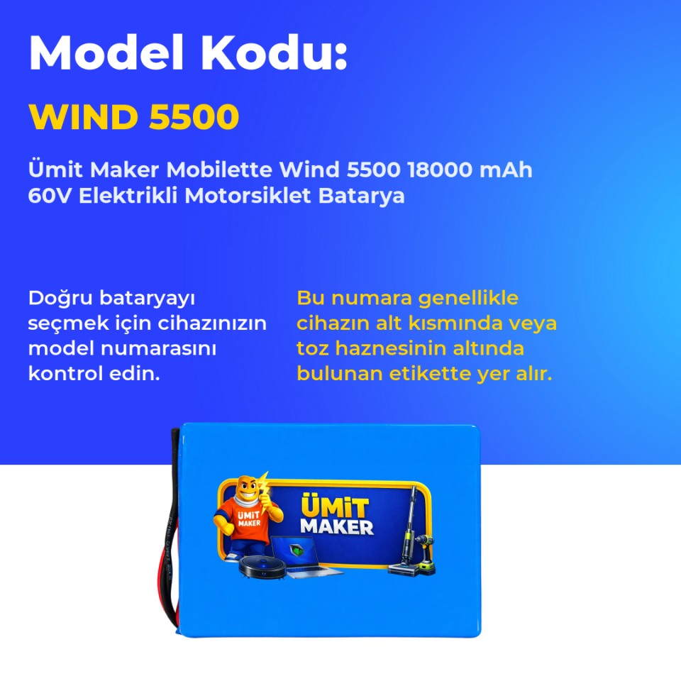 Mobilette Wind 5500 18000 mAh 60V Elektrikli Motorsiklet Batarya