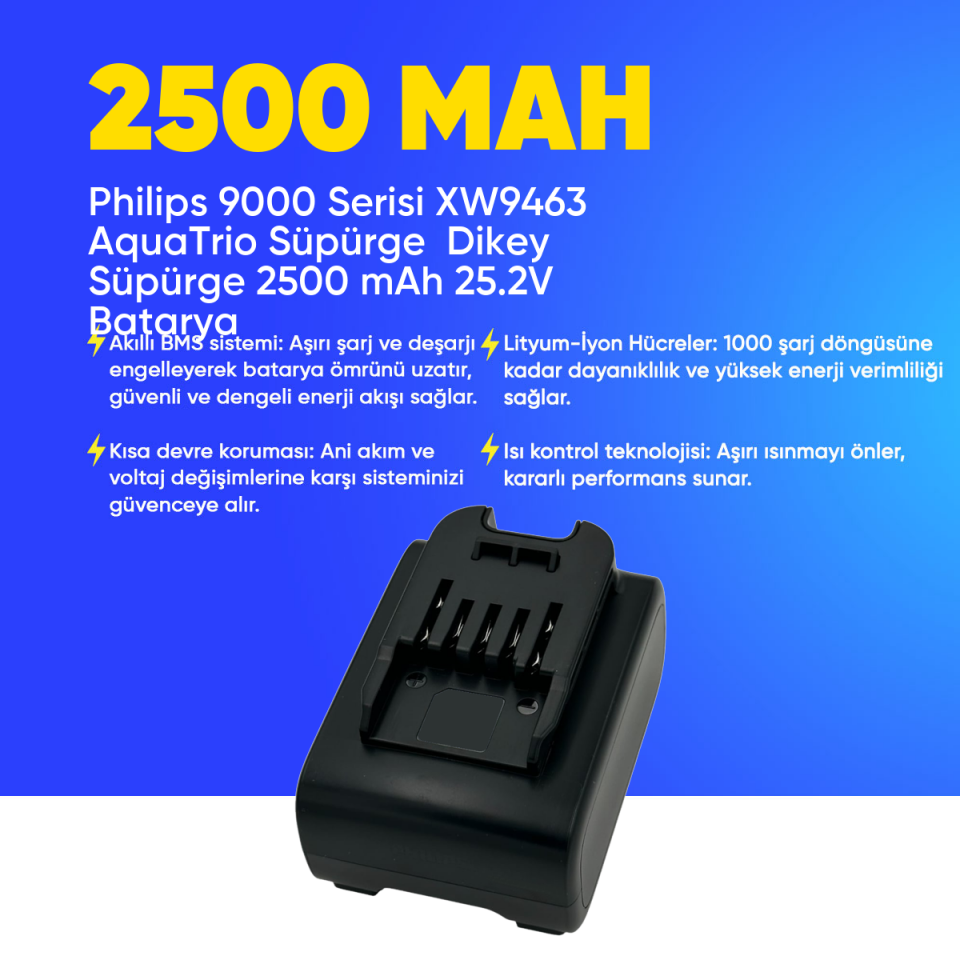 Philips 9000 Serisi XW9463 AquaTrio Süpürge  Dikey Süpürge 2500 mAh 25.2 V  Batarya – Orjinal Uyumlu Uzun Ömürlü, Yüksek Performans Pil
