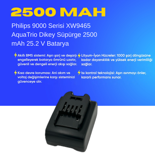 Philips 9000 Serisi XW9465 AquaTrio Dikey Süpürge 2500 mAh 25.2 V  Batarya – Orjinal Uyumlu Uzun Ömürlü, Yüksek Performans Pil