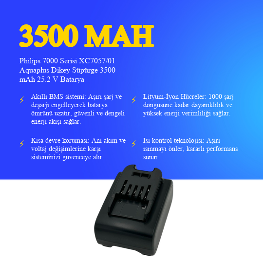 Philips 7000 Serisi XC7057/01 Aquaplus Dikey Süpürge 3500 mAh 25.2 V Batarya – Orjinal Uyumlu Uzun Ömürlü, Yüksek Performans Pil