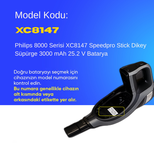 Philips 8000 Serisi XC8147 Speedpro Stick Dikey Süpürge 3000 mAh 25.2 V  Batarya – Orjinal Uyumlu Uzun Ömürlü, Yüksek Performans Pil