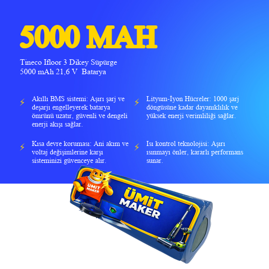 Tineco Ifloor 3 Dikey Süpürge 5000 mAh 21,6 V  Batarya – Orjinal Uyumlu Uzun Ömürlü, Yüksek Performans Pil