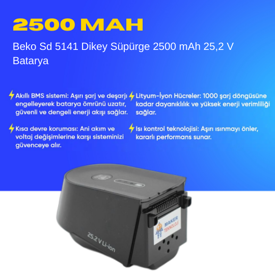 Beko Sd 5141 Dikey Süpürge 2500 mAh 25,2 V  Batarya – Orjinal Uyumlu Uzun Ömürlü, Yüksek Performans Pil