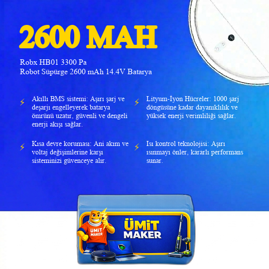 Robx HB01 3300 Pa Robot Süpürge 2600 mAh 14.4V Batarya – Orjinal Uyumlu Uzun Ömürlü, Yüksek Performans Pil