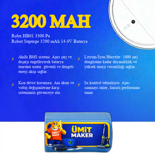 Robx HB01 3300 Pa Robot Süpürge 3200 mAh 14.4V Batarya – Orjinal Uyumlu Uzun Ömürlü, Yüksek Performans Pil