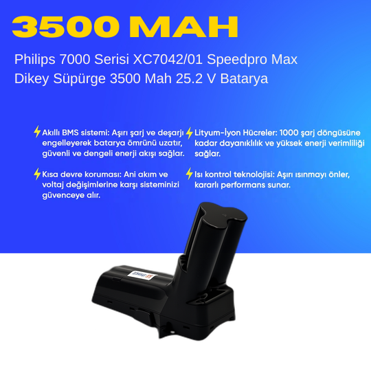 Philips 7000 Serisi XC7042/01 Speedpro Max Dikey Süpürge 3500 Mah 25.2 V Batarya – Orjinal Uyumlu Uzun Ömürlü, Maksimum Performans Pil