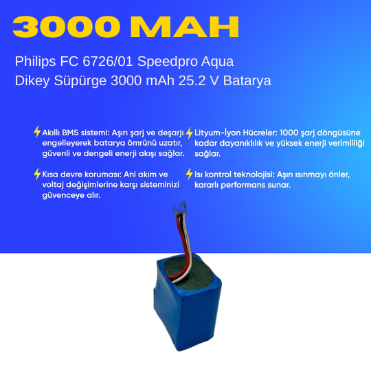 Philips FC6726/01 Speedpro Aqua Dikey Süpürge 3000 mAh 25.2 V  Batarya – Orjinal Uyumlu Uzun Ömürlü, Yüksek Performans Pil