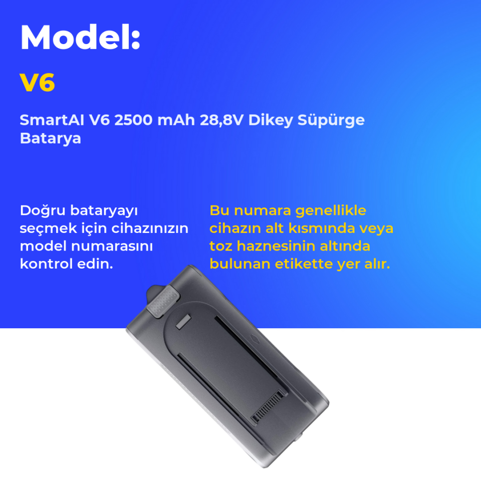 SmartAI V6 2500 mAh 28,8V Dikey Süpürge Batarya
