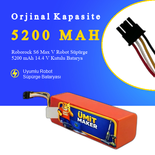 Roborock S6 Max V Robot Süpürge 5200 mAh 14.4 V Kutulu Batarya – Orjinal Uyumlu Uzun Ömürlü, Yüksek Performans Pil