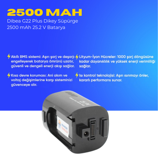 Dibea G22 Plus Dikey Süpürge 2500 mAh 25.2 V  Batarya – Orjinal Uyumlu Uzun Ömürlü, Yüksek Performans Pil