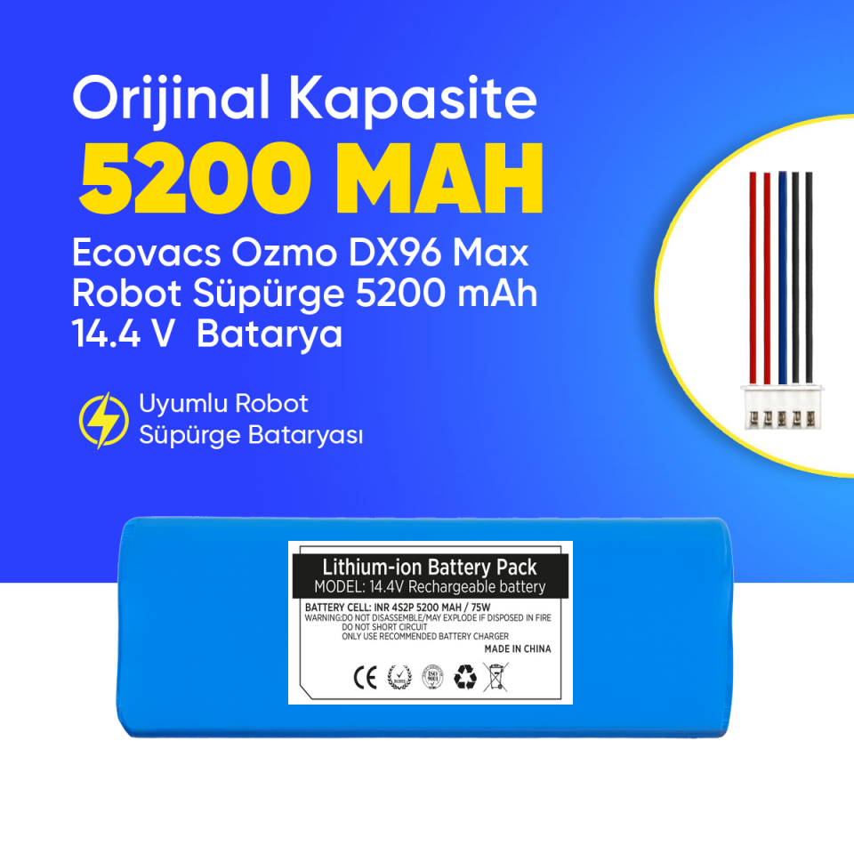 Ecovacs Ozmo DX96 Max Robot Süpürge 5200 mAh 14.4 V  Batarya – Orjinal Uyumlu Uzun Ömürlü, Yüksek Performans Pil