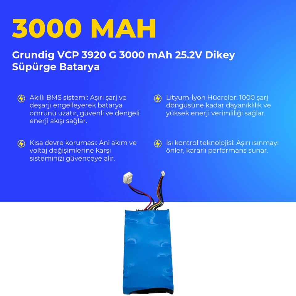 Grundig VCP 3920 G 3000 mAh 25.2V Dikey Süpürge Batarya