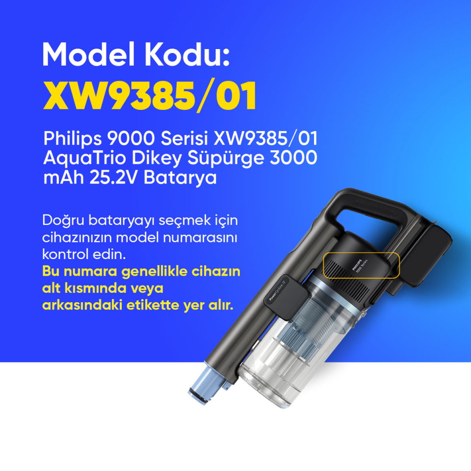 Philips 9000 Serisi XW9385/01 AquaTrio Dikey Süpürge 3000 mAh 25.2 V  Batarya – Orjinal Uyumlu Uzun Ömürlü, Yüksek Performans Pil