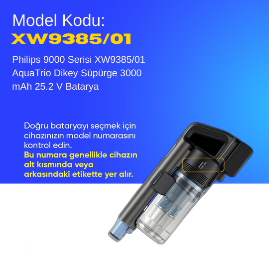 Philips 9000 Serisi XW9385/01 AquaTrio Dikey Süpürge 3000 mAh 25.2 V  Batarya – Orjinal Uyumlu Uzun Ömürlü, Yüksek Performans Pil