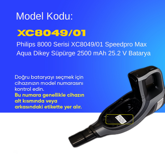 Philips 8000 Serisi XC8049/01 Speedpro Max Aqua Dikey Süpürge 2500 mAh 25.2 V  Batarya – Orjinal Uyumlu Uzun Ömürlü, Yüksek Performans Pil
