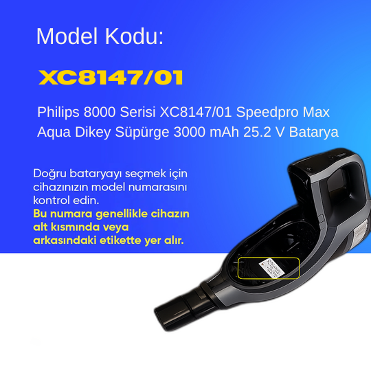 Philips 8000 Serisi XC8147/01 Speedpro Max Aqua Dikey Süpürge 3000 mAh 25.2 V  Batarya – Orjinal Uyumlu Uzun Ömürlü, Yüksek Performans Pil