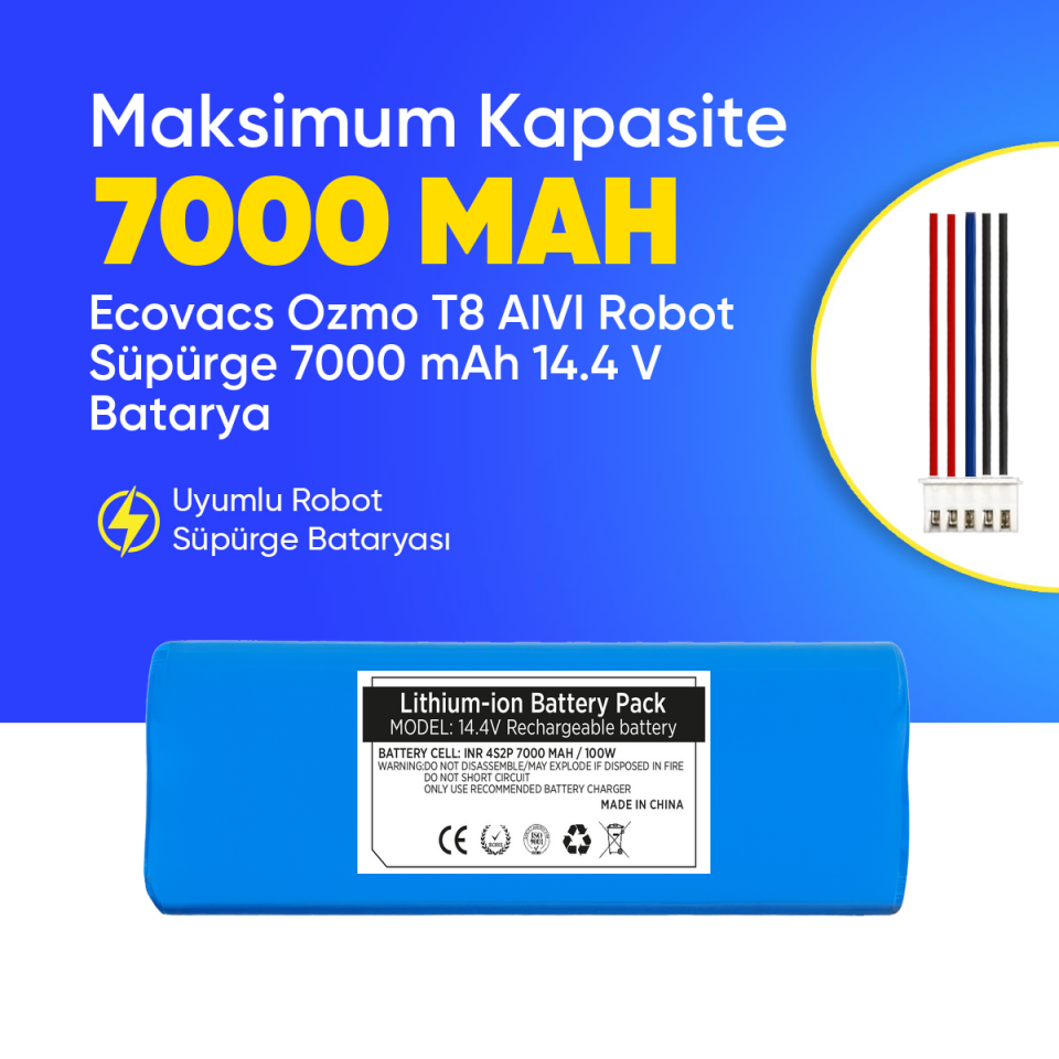 Ecovacs Ozmo T8 AIVI Robot Süpürge 7000 mAh 14.4 V  Batarya – Orjinal Uyumlu Uzun Ömürlü, Yüksek Performans Pil