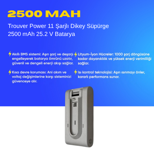 Trouver Power 11 Şarjlı Dikey Süpürge 2500 mAh 25.2 V  Batarya – Orjinal Uyumlu Uzun Ömürlü, Yüksek Performans Pil