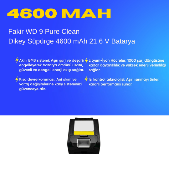 Fakir WD 9 Pure Clean Dikey Süpürge 4600 mAh 21.6 V  Batarya – Orjinal Uyumlu Uzun Ömürlü, Yüksek Performans Pil