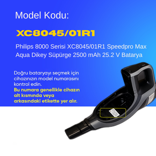 Philips 8000 Serisi XC8045/01R1 Speedpro Max Aqua Dikey Süpürge 2500 mAh 25.2 V  Batarya – Orjinal Uyumlu Uzun Ömürlü, Yüksek Performans Pil