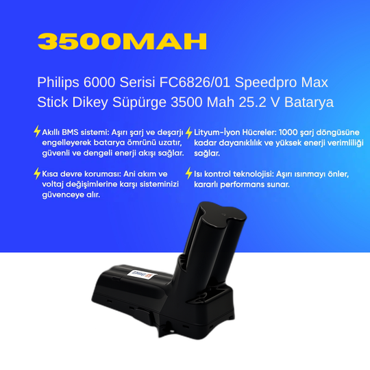 Philips 6000 Serisi FC6826/01 Speedpro Max Stick Dikey Süpürge 3500 Mah 25.2 V Batarya – Orjinal Uyumlu Uzun Ömürlü, Maksimum Performans Pil