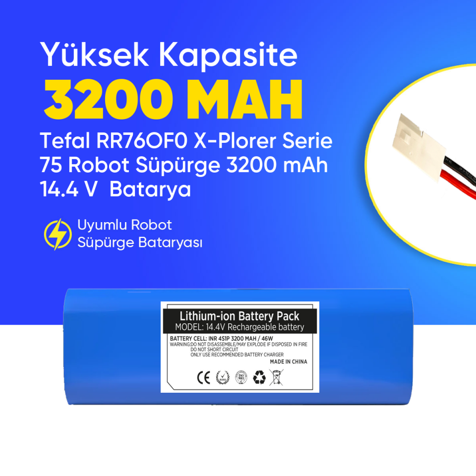 Tefal RR76OF0 X-Plorer Serie 75 Robot Süpürge 3200 mAh 14.4 V  Batarya – Orjinal Uyumlu Uzun Ömürlü, Yüksek Performans Pil