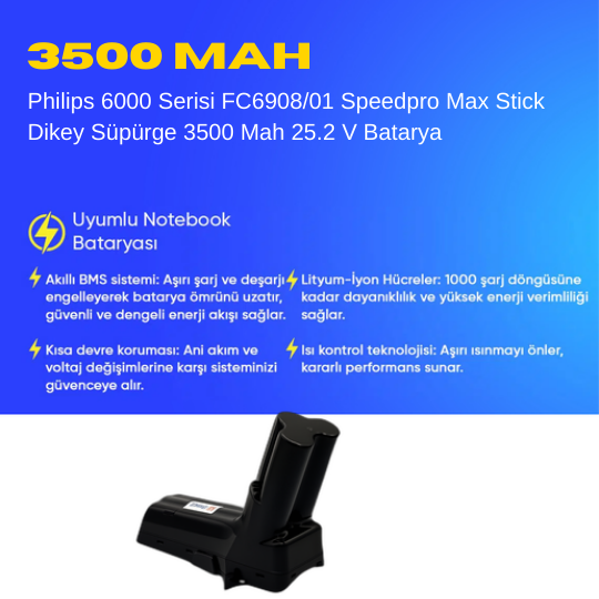 Philips 6000 Serisi FC6908/01 Speedpro Max Stick Dikey Süpürge 3500 Mah 25.2 V Batarya – Orjinal Uyumlu Uzun Ömürlü, Maksimum Performans Pil