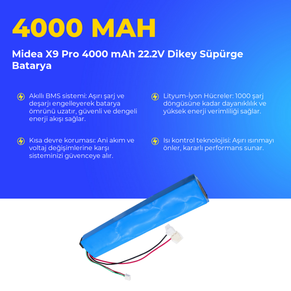 Midea X9 Pro 4000 mAh 22.2V Dikey Süpürge Batarya