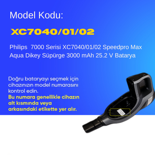 Philips 7000 Serisi XC7040/01/02 Speedpro Max Aqua Dikey Süpürge 3000 mAh 25.2 V  Batarya – Orjinal Uyumlu Uzun Ömürlü, Yüksek Performans Pil